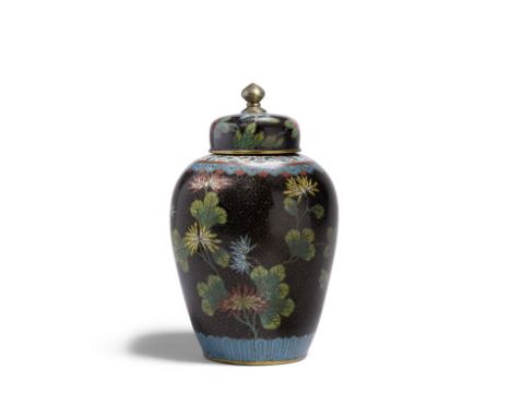 A cloisonné lidded jarRepublic periodFinished with a wanzi pattern to the wire inlay in the black enamel ground surrounding s