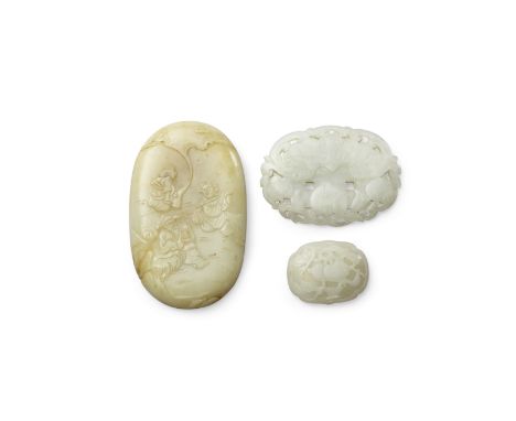 Three jade plaquesQing dynastyThe first of oval shape and pale yellow-green hue, carved in relief with a scene of three immor