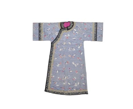 A Woman's embroidered silk informal robeLate Qing dynastyThe right-closure light blue robe embroidered with pleasant flower a