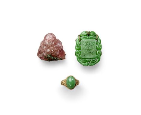 A group of three hardstone pieces of jewelryThe first, a small apple green jadeite pendant plaque suspended from a gold chain