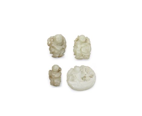 Four jade carvings of boysQing dynastyThe first three of similar pebble shape carved to depict a boy in three-quarter profile