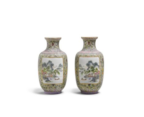 A pair of famille rose enameled  vasesQianlong marks, 20th centuryThe eggshell porcelain walls of baluster shape, painted on 