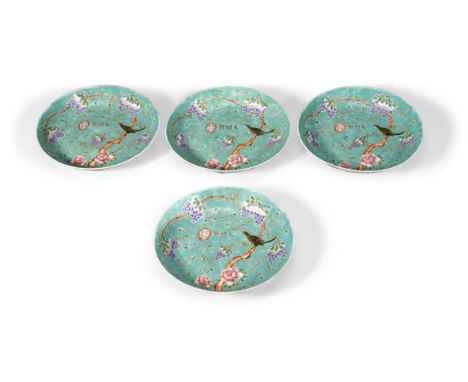 A group of four turquoise ground dishes with famille rose enamel decorationDayazhai marks, Republic periodEach molded with a 