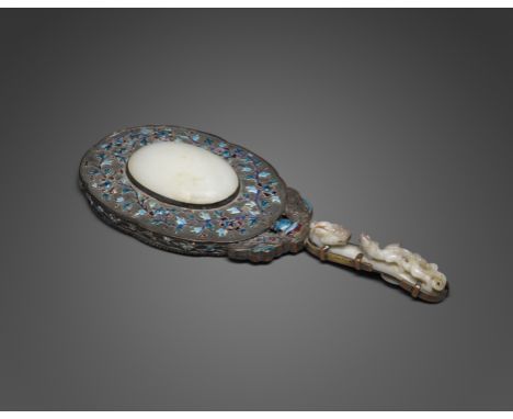 A jade-mounted hand mirrorQing dynasty elements The handle a white and gray mottled jade belt buckle of standard shape consis