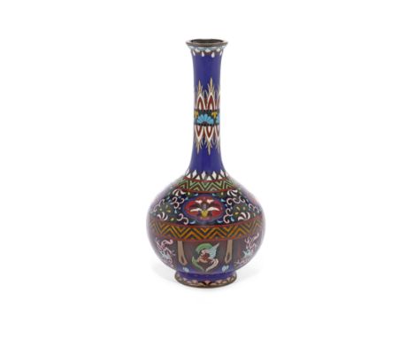 A cloisonné enamel stick neck vaseMeiji/Taisho eraComposed of a tall cylindrical neck atop a globular body, the exterior enci