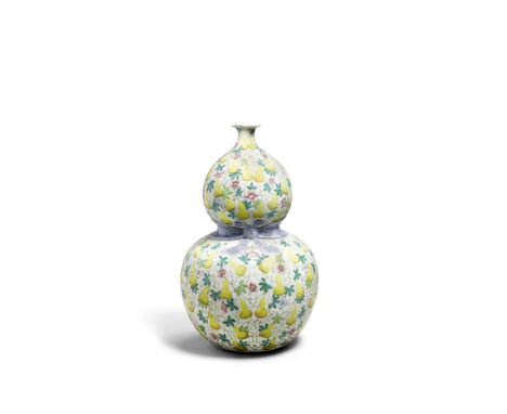 A famille rose enameled double gourd vase Qianlong mark, 19th centuryThe walls painted in thick enamels of the famille rose p