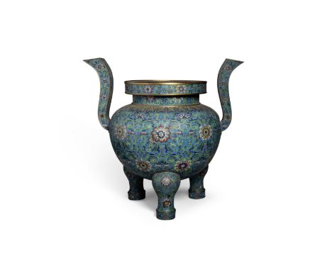 A massive cloisonné enamel tripod incense burnerLate Qing/Republic period Of compressed globular form with composite lotus fl