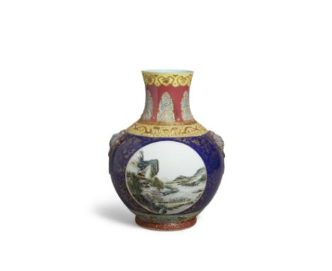 A molded polychrome enamel vaseQianlong mark, Republic periodThe ovoid body decorated with summer and winter landscapes enclo