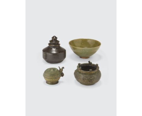 A group of five Asian decorative items in varied mediaThe first, a hinged metal alloy circular box; the second a ceramic bowl