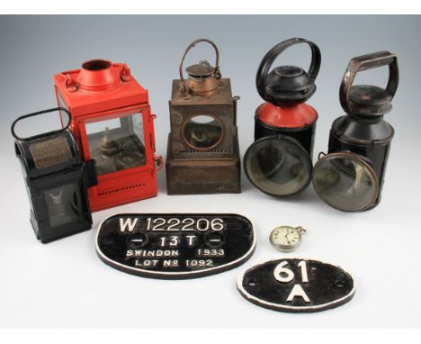 A lot of railway related items to include; four assorted LNER lamps and another B.R. lamp, two cast iron plates 61A and W1222