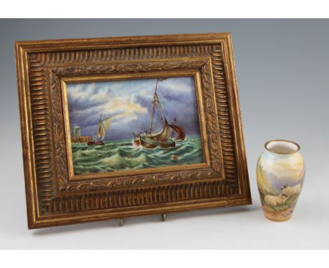 A hand painted porcelain plaque by ex-Worcester artist F. Clark, depicting two boats in rough sea, signed F. Clark, plaque si