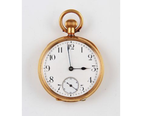 An 18K yellow gold crown wind pocket watch, the white enamel dial having hourly Arabic numeral markers with minute track bord