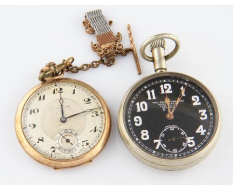 A white metal cased Thomas Armstrong military crown wind pocket watch, the black dial having hourly Arabic numeral markers wi