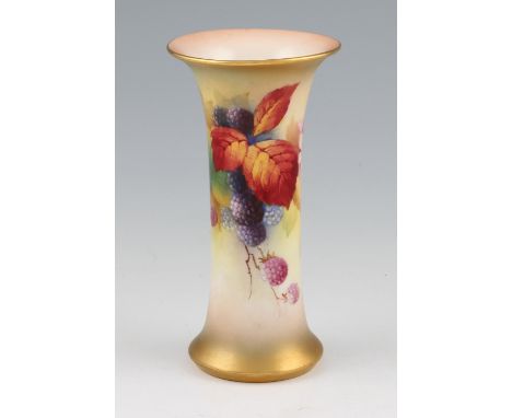 A mid 20th Century Royal Worcester hand painted trumpet shaped vase with autumnal berry design by Kitty Blake, bears backstam