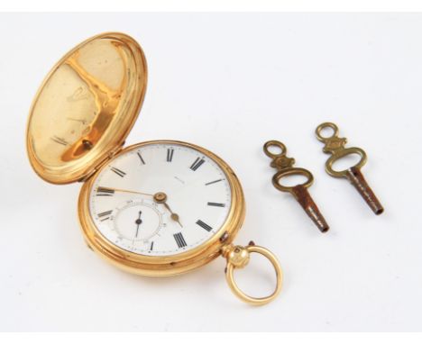 An 18ct yellow gold key wind full hunter pocket watch, the white enamel dial having hourly Roman numeral markers with minute 