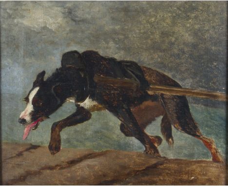 *VINCENT DE VOS (1829 - 1875) Framed, unsigned, Belgian School, oil on canvas, study of a dog with harness for pulling a cart