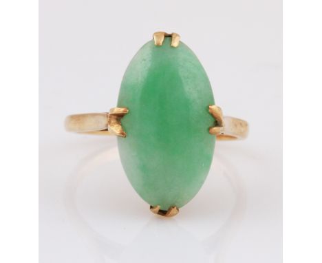 A 9ct yellow gold green stone ring, split claw set with a marquise cut green stone, measuring approx. 19x11mm, with open gall