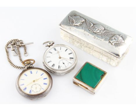 A lot to include a silver Chambers & Sons key wind pocket watch, the white enamel dial having hourly Roman numeral markers wi