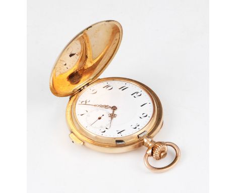 A 15ct gold cased full hunter repeater crown wind pocket watch, having plain case with white enamel face with Arabic numeral 