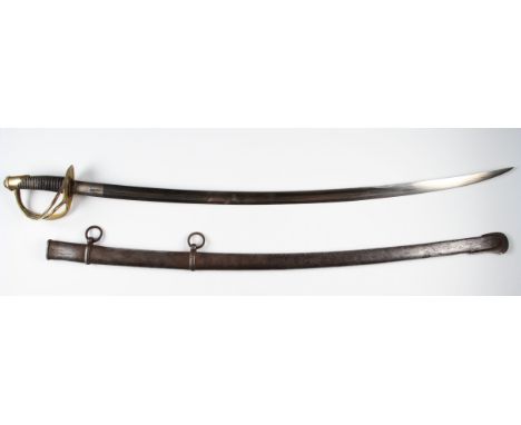 A 19th / 20th Century officers sword, having brass open basket hilt with black grip, together with scabbard, no visible maker