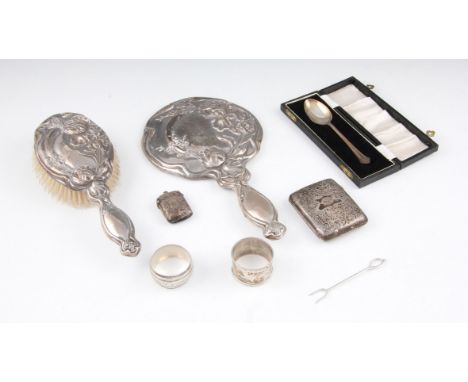 A lot to include silver backed hand mirror and hair brush with relief floral design, hallmarked Birmingham 1910 and 1918, sil