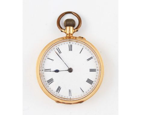 An 18K yellow metal crown wind fob watch, the white enamel dial having hourly Roman numeral markers with minute track border,