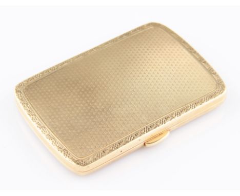 A 9ct yellow gold cigarette case, with machined design and repeat berry and left pattern to border, inside engraved 'PEB', ha