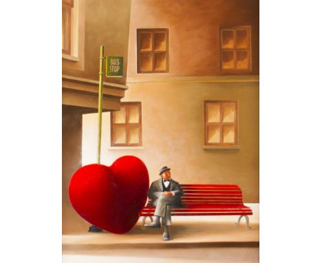 BERIT KRUGER-JOHNSON. Framed, signed and titled, 'Waiting', verso, acrylic on canvas, showing man sat waiting on a bench at b