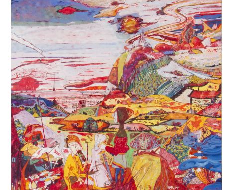 LAMPUTT. Framed, signed, gouache and mixed media on paper, figurative creatures overlooking fantasy mountainous landscape, 53