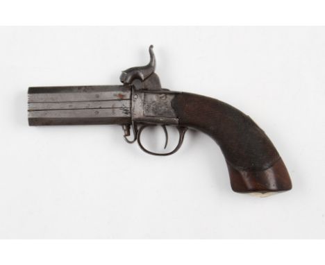 A 19th Century percussion pistol with swivel over-and-under barrel, with engraved lock, walnut stock and fish hammer, barrels