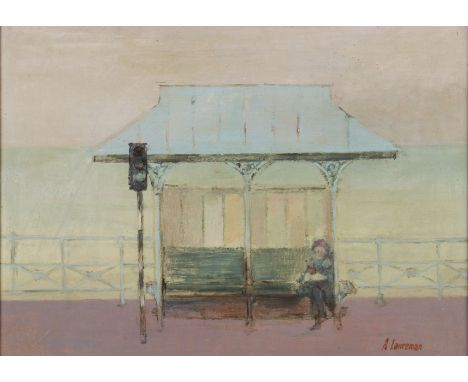 AUDREY LANCEMAN (b. 1931) Framed, signed, oil on board, titled verso, 'Out of Season', woman and dog sat at a deserted bench,