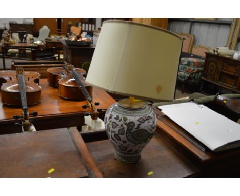 A Portuguese pottery baluster table lamp and shade