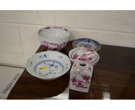 A blue and white transfer printed bowl together with two small Delft dishes; a 19th Century china tea caddy etc.