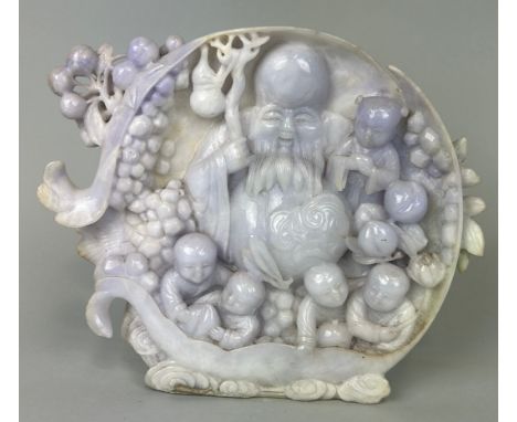 A CHINESE JADE GROUP DEPICTING A LUOHAN WITH FIVE CHILDREN, 22.5cm x 19cm 