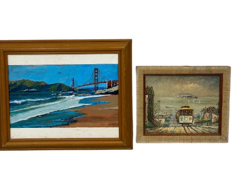TWO OIL PAINTINGS ON BOARD DEPICTING LOS ANGELES VIEW SAN FRANCISCO, THE GOLDEN GATE BRIDGE' (2) Signed Patrick Gibbs, 34cm x