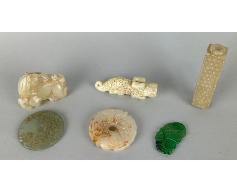 A COLLECTION OF ARCHAIC STYLE JADE AND STONE ITEMS (6), To include jade horse, two plaques, cong etc. Largest 9cm L 