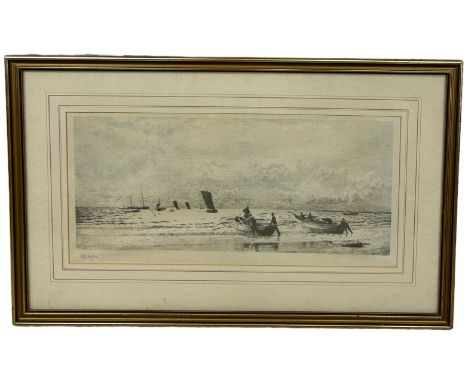 WILLIAM LIONEL WYLLIE (1851-1931): A PRINT DEPICTING A 'FISHING SCENE WITH SAILING BOATS', Signed. 50cm x 23.5cmMounted in a 