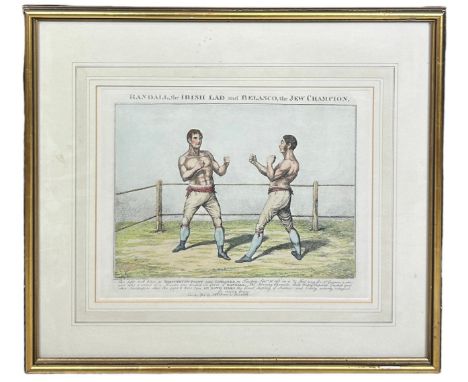JUDAICA BOXING / PUGILIST INTEREST: A HAND COLOURED BOXING PRINT TITLED 'RANDALL, THE IRISH LAD AND BELASCO, THE JEW CHAMPION