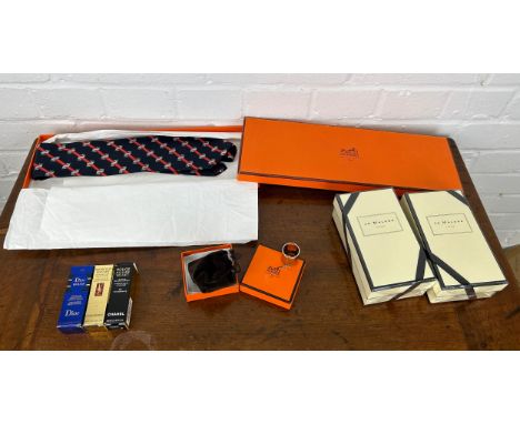 AN HERMES GENTLEMANS TIE AND SCARF ALONG WITH A SCARF RING, JO MALONE COLOGNE, DIOR AND CHANEL ITEMS (7) 