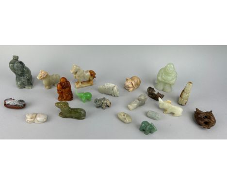 A LARGE COLLECTION OF MOSTLY CHINESE JADE AND STONE ANIMALS AND FIGURES (20)Largest 9cm x 5cm 