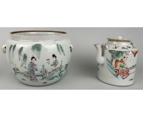 A CHINESE PORCELAIN POT WITH LUG HANDLES AND CALLIGRAPHY, ALONG WITH A CHINESE PORCELAIN TEAPOT AND COVER DECORATED WITH FIGU