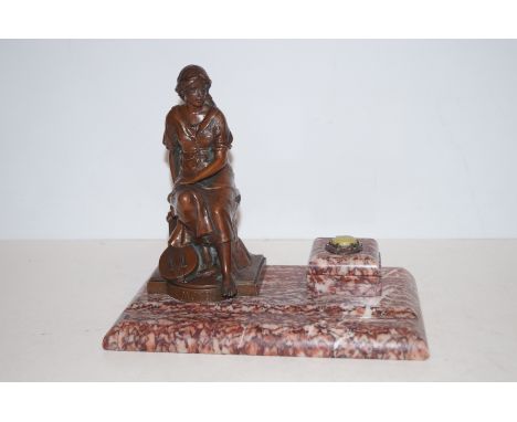 Bronze marble ashtray inkwell with bronze figurine