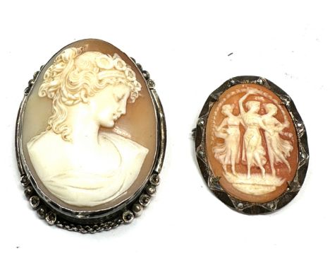 2 vintage silver mounted cameo brooches largest measures approx 4.5cm drop 