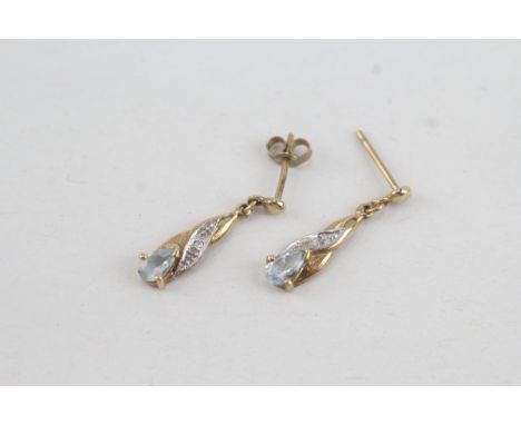 9ct gold aquamarine &amp; diamond drop earrings with scroll backs (1g) 