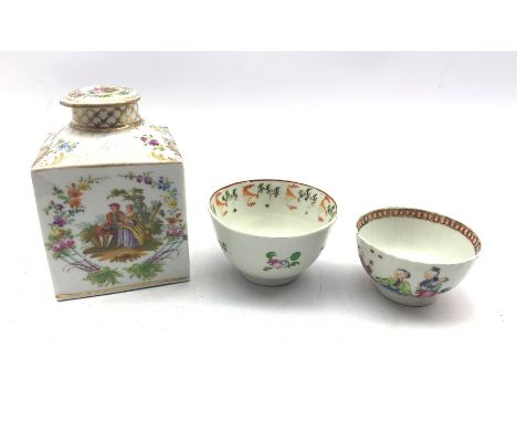 Early 20th century Continental porcelain tea caddy of square section, hand-painted and gilded with courting scenes and floral