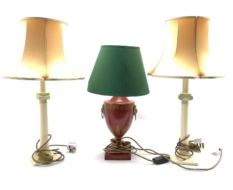 Three pairs of lamps with shades and another table lamp with toleware style base, lion mask ring handles and green shade (7)