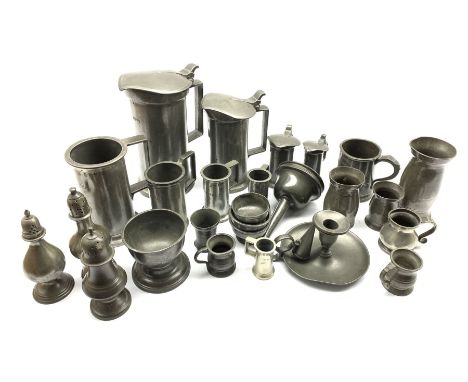 Set of three 19th century French pewter measures each of matching design, hinged lids with thumb piece, comprising Litre, Dem