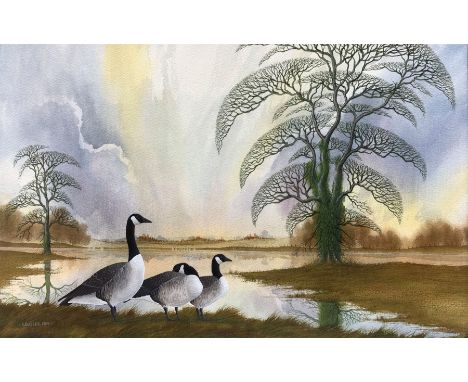 R. Butler (British Contemporary): Geese in Wetland with Impressionist Trees, watercolour signed and dated 1989, 34cm x 52cm
