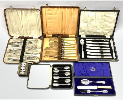 Five cased sets of cutlery to include a set of six teaspoons by Josiah Williams &amp; Co, London, 1932, Christening set by Th