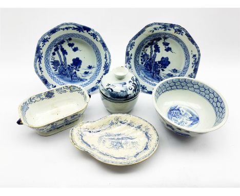 18th/ 19th century Chinese porcelain blue and white jar and cover decorated with figures H14cm, pair of 18th century Chinese 